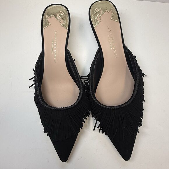 Antonio Melani x Jennifer Sumko Mimi Kid Suede Fringe Black Mule Sz 8.5 (fits 8) - Picture 2 of 10